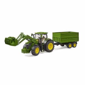 bruder Traktor John Deere  7R350 mit Anhänger 1:16, mit Frontlader und Tandemachstransportanhänger,, kippbarer Anhänger,, Anhängekupplung mit höhenverstellbarem Hubwerk,, Motorhaube zum Öffnen,, abnehmbares Frontgewicht,, ab 3 Jahren,, bruder