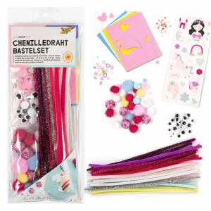 Bastel-Set Chenilledraht  UNICORN 227 Teile, Inhalt: 30x Chenilledraht, 30x Pompons,, 56x Moosgummistanzteile, 21x Stickers,, 60x Schmucksteine & Pailletten, 30x Wackelaugen, folia