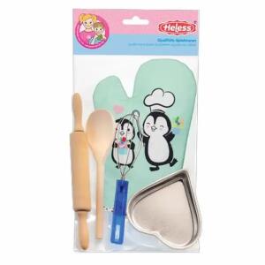Heless Backset Pinguin  5teilig, Inhalt: je 1x Topfhandschuh mit Pinguin-Print, Backförmchen, in Herz-Form, Holzkochlöffel, Schneebesen, Nudelholz,, ab 3 Jahren