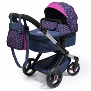 Puppenwagen Xeo Blau  Einhorn 65x37x74cm, Platz für Puppen bis zu 52cm, höhenverstellbarer Griff,, integrierter Korb der Stauraum für Zubehör bietet,, Wagen besitzt schwenkbare Vorderräder,, Wanne des Wagens kann in Fahrtrichtung als auch in Richtung, des