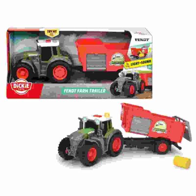 Dickie Toys Fendt Farm  Trailer 26cm, Traktor mit Kippanhänger freilaufend, 1 Heuballen,, Licht und Sound, 2x AAA Batterien enthalten,, ab 3 Jahren