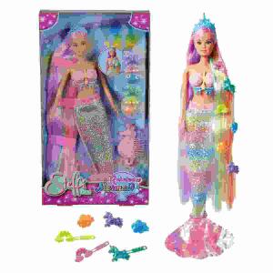Steffi Love Rainbow  Mermaid, als Regenbogen Meerjungfrau mit bunten Haaren,, Haarclips, Kamm und abnehmbarer Flosse,, ab 3 Jahren