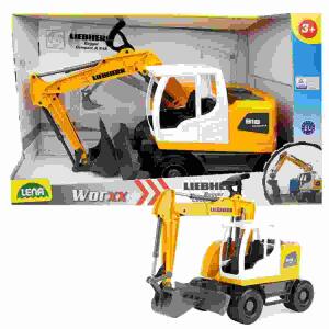 LENA WORXX Bagger  Liebherr A918 Litronic, mit 6 mm verzinkten Stahlachsen,, Baggeraufbau um 360° drehbar, mit Hebelfunktion,, Maße: 48 x 17,5 x 28,5 cm, Indoor und Outdoor geeignet,, ab 3 Jahren