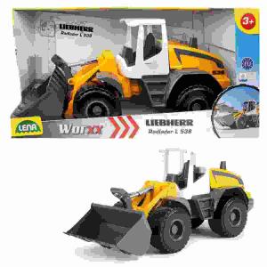 LENA WORXX Radlader  Liebherr L538 Litronic, mit 6 mm verzinkten Stahlachsen,, Radladerschaufel und Arm stufenverstellbar,, Führerhaus lässt sich einschlagen,, Maße: 48 x 18,5 x 22 cm, Indoor und Outdoor geeignet,, ab 3 Jahren