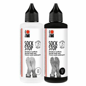 Sock Stop 2x 90ml  schwarz und weiß, weiche, gummiartige Textilfarbe, auf Wasserbasis,, für helle und dunkle Textilien wie Socken,, Badvorleger und Teppiche,, sorgt für sicheren Halt auf glatten Flächen wie Fließen,, Parkett oder Laminat, auf Links bis zu