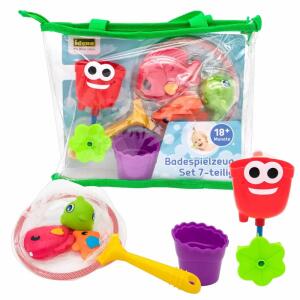 Idena Badespielzeug-Set  6teilig, Inhalt: 1 Fischnetz mit Griff, 2 Plastikfische, 1, Spritzfisch, 1 Smiley-Wasserbecher mit drehbarem Saugnapf,, 1 Wasserbecher