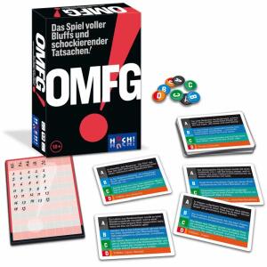 Kartenspiel OMFG  Spiel voller Bluffs, Inhalt: 168 OMFG-Karten, 8x A/C-Bluff-Plättchen, 8x,  B/D-Bluff-Plättchen, 1 Block, für 3- 8 Spieler, Spieldauer, 40 Minuten, ab 18 Jahren, Huch!, Hutter Trade