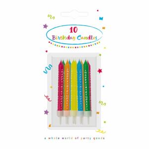 Tortenkerzen bedruckt 8cm  10er sortiert 5 Farben, Happy Birthday, mit 10 Haltern,, orange, blau, grün, gelb, lila, Procos