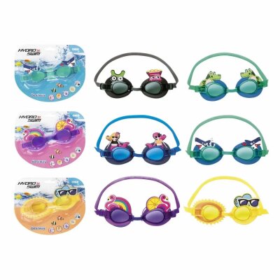 Schwimmbrille Hydro Swim  6fach sortiert,  "Charakter", 6-fach sortiert, weiche Comfort-Fit, Silikonaugenschalen mit UV-Schutzbeschichtung, vollständig, verstellbare Nasenbügel und Silikon-Kopfband, 100%, latexfrei, Altersempfehlung: ab 3 Jahren