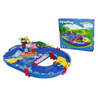 AQUAPLAY Wasserbahn  StartSet, mit Wasser befüllbar, Hafenbecken mit Kran und Ladung,, Handkurbel mit großer Paddelfläche,, 1x Containerboot mit Container,, 1x Amphibienfahrzeug und Spielfigur Wilma, ab 3 Jahren, Simba