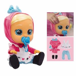 Cry Babies Puppe Dressy  Alice Storyland 30cm, Spielpuppe mit Funktion (Weinen, Tränen), glänzende, blonde, Haare, rosa Mantel, gestreifte Hose, Schürzenkleid im, Karo-Herzchen-Print, Arme und Beine sind weich und flexibel, beweglich, fixiertes Schnullerb