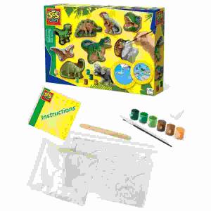 Gießen und anmalen  Dinowelt, Dinosaurier-Gießformen, Gipspulver (300 g), Spachtel,, Pinsel, Plakatfarbe in 6 Farben, Schwamm, Anleitung,, SES