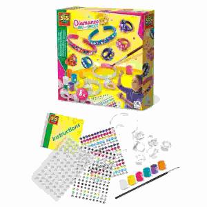 Diamanzo Ringe und  Armbänder, 180 Diamanzo Glitzersteine in 5 Farben,, 200 Mini-Diamanzo-Glitzersteine in 5 Farben,, 6 Ringe, 2 Armreifen, 84 glänzende Perlen,, Plakatfarbe in 6 Farben, Pinsel, Anleitung,, SES
