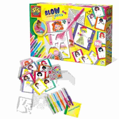 Blow airbrush Pens  Fashion designer, 10 Fashion-Karten, 2 Schablonen,, 6 Airbrush-Pens in grün, gelb, blau, orange, pink und lila,, 5 Deckblätter, glitzernde Accessoire-Aufkleber, Anleitung,, SES