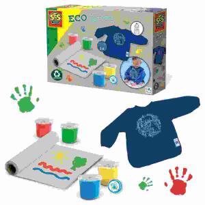 Fingerfarben-Set ECO  mit Bastelschürze, ECO-Aktivitätsschürze 100% R-PET mit Aufdruck (2-6 Jahren),, je 1x Fingerfarbe (120ml) gelb, rot, blau, grün,, Papierrolle (2 Meter, recyceltes Papier),