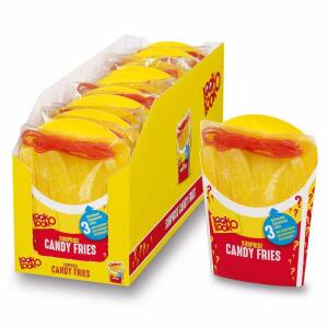 Look-O-Look Candy Fries  aus Fruchtgummi 115g, In Geschmacksrichtung Orange, Zitrone oder Banane,, Ketchup in Form von Erdbeer-Spaghetti,