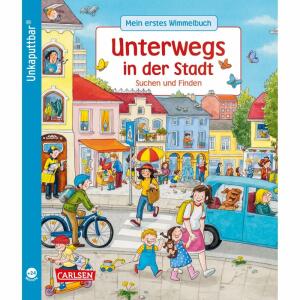Unkaputtbar Mein erstes  Wimmelbuch Unterwegs. . .,  " Unkaputtbar: Mein erstes Wimmelbuch: Unterwegs in der, Stadt ",, Wimmelbuch von Sibylle Schumann,, illustriert von Sandra Reckers,, 20 Seiten, bis 4 Jahre,, Carlsen Verlag
