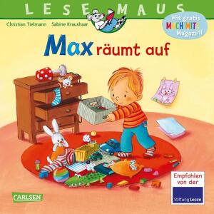 LESEMAUS 119 Max räumt  auf, Bilderbuch von Christian Tielmann,, illustriert von Sabine Kraushaar,, 24 Seiten, ab 3 Jahren,, Carlsen Verlag