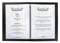 SIGEL SM110 Speisekarten-Mappe - 1 Stück - inkl. 2 Doppel-Transparenthüllen für 8 Seiten - Gummi-Bindung - A4 - schwarz