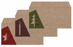 SIGEL DU258 Weihnachts-Umschlag - 9x Stern, 8x Baum, 8x Kerze - braun/rot/grün - gummiert - DIN lang - 25 Umschläge