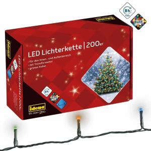 200er bunt,8h Timer,Außen, und Innen, Lampenabstand:10Cm, Abstand Stecker zu 1.Lam., 8M; Gesamtlänge:27,90M