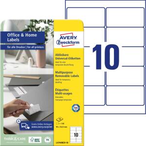 Universal-Etiketten, bedruckbar, ablösbar, weiß, 96 x 50,8 mm, 1 Packung = 10 Blatt = 100 Stück