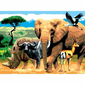 Malen nach Zahlen Junior  Afrikanische Tiere, Größe: 40 x 32,5 cm,, Set enthält: Pinsel, Acrylfarben, 1 bedruckten Malkarton,, eine Arbeitsanleitung,, ab 8 Jahren