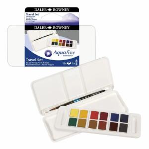 Aquarellfarben Travel Set  Aquafine 12x 1/2 Näpfchen, 12 Farben mit Pinsel im Kunststoffetui,, Farbpalette herausnehmbar,