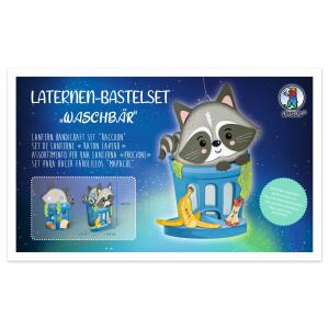 Laternen-Bastelset  Waschbär FSC-Mix, 3 Stanzbögen beidseitgi bedruckt, teilweise beglittert,, 1 Seitenteil beidseitig bedruckt,, 1 Stanzbogen Transparentpapier einseigtig bedruckt,, 1 Stanzteil Transparentpapier, weiß,, 1 Laternentragebügel Klebepads,, i