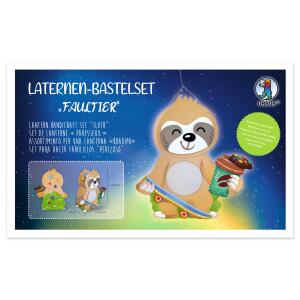 Laternen-Bastelset  Faultier FSC-Mix, 3 Stanzbögen beidseitgi bedruckt, teilweise beglittert,, 1 Seitenteil beidseitig bedruckt,, 1 Stanzbogen Transparentpapier einseigtig bedruckt,, 1 Stanzteil Transparentpapier, weiß,, 1 Laternentragebügel Klebepads,, i