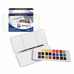 Aquarellfarben Studio Set  Aquafine 24x 1/2 Näpfchen, 24 Farben mit Pinsel im Kunststoffetui,, Farbpalette herausnehmbar,