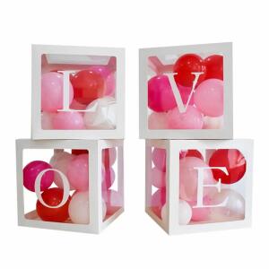 Buchstaben-Würfel LOVE  30x30x30cm 4er, Papier,, Die Buchstaben, sowie Klebepads sind lose dabei und können, je nach Bedarf aufgeklebt werden,, Die Ballons in den Kartons auf der Abbildung sind nicht, enthalten, es handelt sich um ein Dekorationsbeispiel.