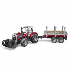 bruder Traktor Massey  Ferguson Anhänger 1:16, Massey Ferguson 7480 mit Frontlader, Holztransportanhänger,, 3 Baumstämme, Bruder