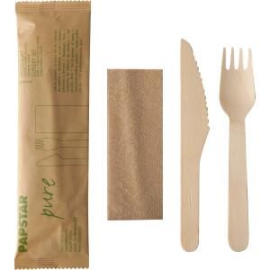 PAPSTAR Besteckset Holz "pure" - 50 Sets, Messer, Gabel, Serviette in Papierbeutel
