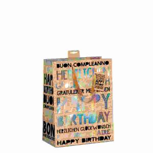 Geschenktasche Happy  Birthday braun 18x23x10cm, mit Kordel und Namenskarte, Regenbogenfolie,, Skorpion