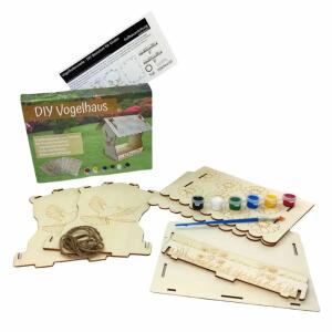 Holzbausatz Vogelhaus DIY  mit vorgedrucktem Muster inklusive Farben und Pinsel,, zum Bemalen und Schnur zum Aufhängen,, Fun Unlimited