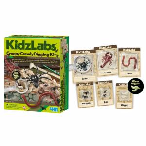 KidzLabs  Krabbeltierausgrabung, Inhalt: Gipsblock mit Krabbeltieren (Spinne, Skorpion,, Regenwurm, Ameisen, Mini-Spinnen, im Dunkeln leuchtende, Maden), Ausgrabungswerkzeug, Bürste, kleine und große, Exemplar-Karten, Blister-Hüllen, Lupe und ausführliche