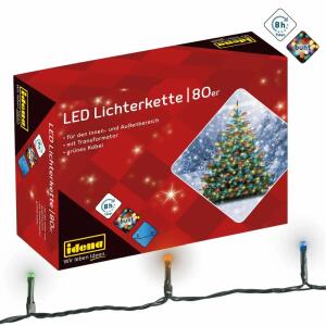 Idena LED-Lichterkette  80er bunt,f.Außen u.Innen, Gesamtlänge 16m, Zuleitung 8m, Lampenabstand 10cm