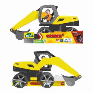 LENA TRUXX² Bagger 35cm  mit gummierten Reifen, 4 mm verzinkten Stahlachsen,, Führerhaus zum Bespielen, beweglicher Baggerarm,, verriegelbarem Fahrgestell, Anhängerkupplung und Spielfigur,, Indoor und Outdoor geeignet,, ab 24 Monaten