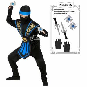 Kinderkostüm Kombat Ninja  Set 12teilig blau Gr.116, Inhalt: Overall, Brustrüstung, Gürtel, Maske, Stirnband,, 1 Paar Armschnüre, 1 Paar Beinschnüre, 1 Paar Handschuhe,, 2x Ninjadolch, 2x Ninjastern, nur Handwäsche,, nicht bleichen, bügeln, trocken reinig