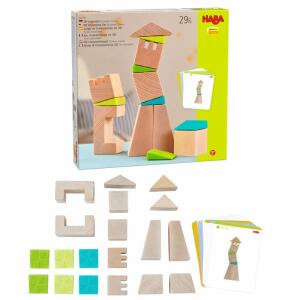 Legespiel 3D Schiefe  Türme, 13 Holzbausteine und 6 Silikonkeile, mit 10 Vorlagekarten,, ab 3 Jahren,, HABA