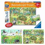 Puzzle 2x 12 Teile Tiere  im Wald und auf der Wiese, ab 3...