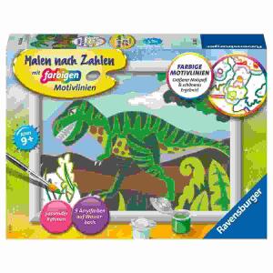 Malen nach Zahlen Serie E  Hungriger Dinosaurier, enthält 9x fertig gemischte Acrylfarben und 1x Pinsel,, mit passendem Rahmen, ab 9 Jahren,, Ravensburger