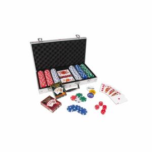 Pokerkoffer mit 300 Chips  Inhalt:, 100 weiße Chips, 50 rote Chips, 50 blaue Chips, 50 schwarze Chips, 3 Buttons: Dealer, Small Blind, Big Blind, 5 Casino Würfel, 1 Spielanleitung, 2 Schlüssel, 108 Karten (63x88 mm), Chips haben einen Metallkern