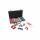 Pokerkoffer mit 300 Chips  Inhalt:, 100 weiße Chips, 50 rote Chips, 50 blaue Chips, 50 schwarze Chips, 3 Buttons: Dealer, Small Blind, Big Blind, 5 Casino Würfel, 1 Spielanleitung, 2 Schlüssel, 108 Karten (63x88 mm), Chips haben einen Metallkern