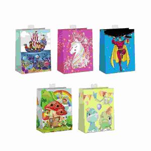 Geschenktasche M bunte  Motive für Kinder, Größe 18x23x10cm, 5 sortierte Motive,, Namenskarte & Eurolochvorrichtung