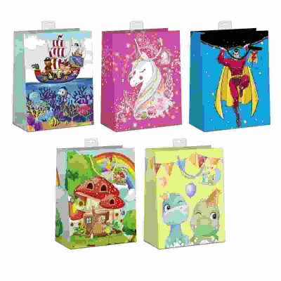 Geschenktasche L bunte  Motive für Kinder, Größe 26x32x12cm, 5 sortierte Motive,, Namenskarte & Eurolochvorrichtung