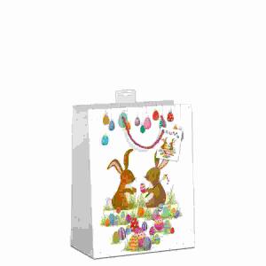 Geschenktasche M bunte  Ostereier und Osterhasen, Größe 18x23x10cm, auf 210g Karton mit Kordel,, Namenskarte & Eurolochvorrichtung