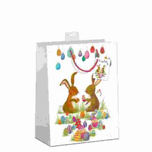 Geschenktasche L bunte  Ostereier und Osterhasen, Größe 26x32x12cm, auf 210g Karton mit Kordel,, Namenskarte & Eurolochvorrichtung