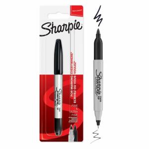 Permanentmarker Twin Tip  schwarz Blister, 0,5mm und 0,9mm Spitze,, wasserfeste Tinte, permanent, schnelltrocknend,, Rundspitze aus Acrylfaser, grauer Kunststoffschaft,, umsteckbare Clipkappe in Schreibfarbe, Sharpie